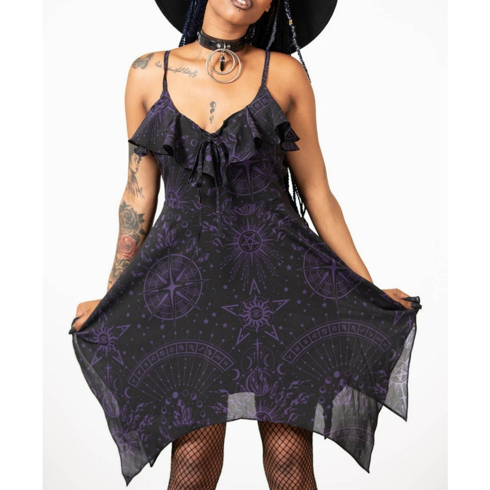 Killstar Black and Purple Celestial Ruffle Slip Dress